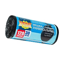 Мешки для мусора 120 л, с ушками, черные, в рулоне 30 шт., ПНД, 15 мкм, 1100х700 мм, Крепак, 4607075710375 в Норильске