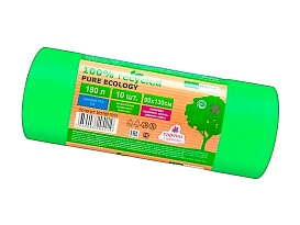 Мешки для мусора 180 л, ароматизированные, биоразлагаемые, зеленые, в рулоне 10 шт., ПВД, 40 мкм, 1300х930 мм, PURE ECOLOGY, bio1801081 в Норильске